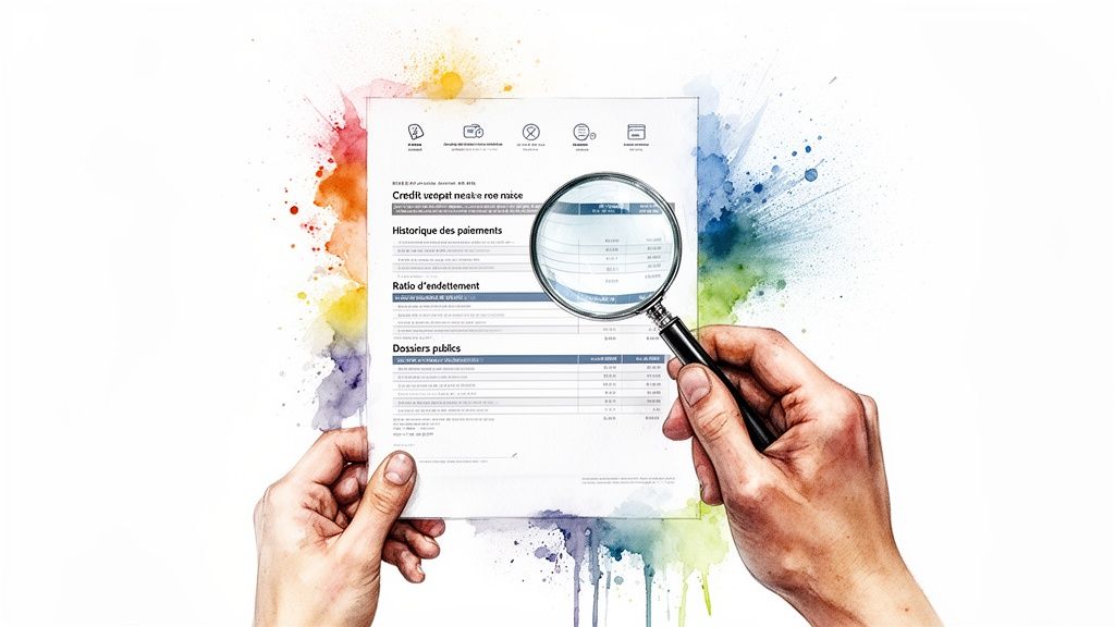 Deux mains tiennent un document d'informations de crédit examiné par une loupe, sur fond d'éclaboussures de couleur.