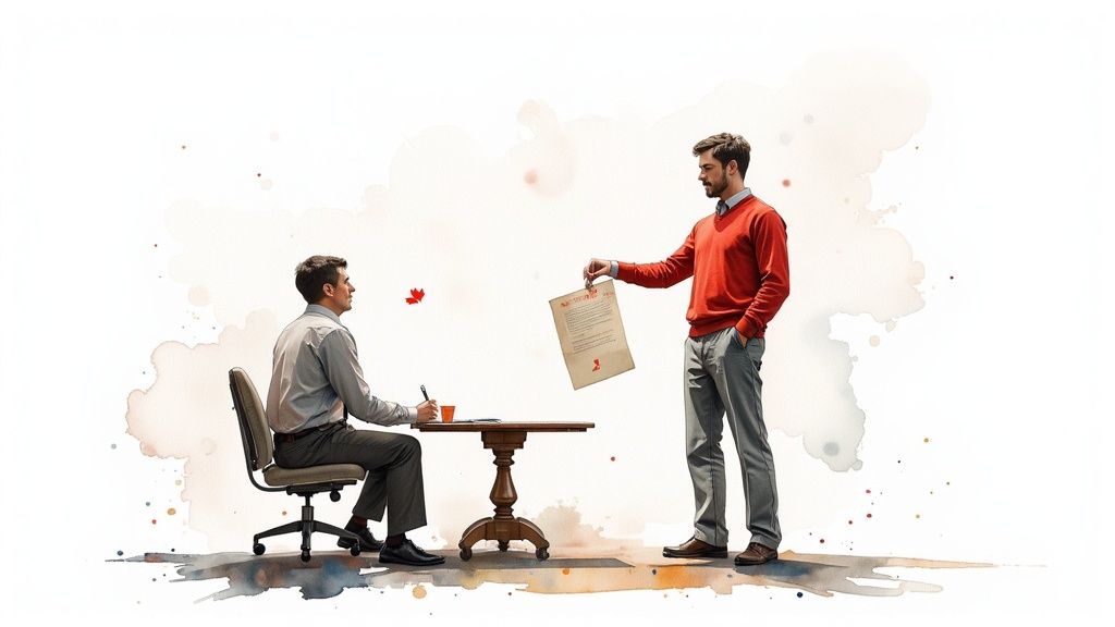 Deux hommes interagissent avec des documents, l'un assis signant et l'autre debout présentant un contrat.