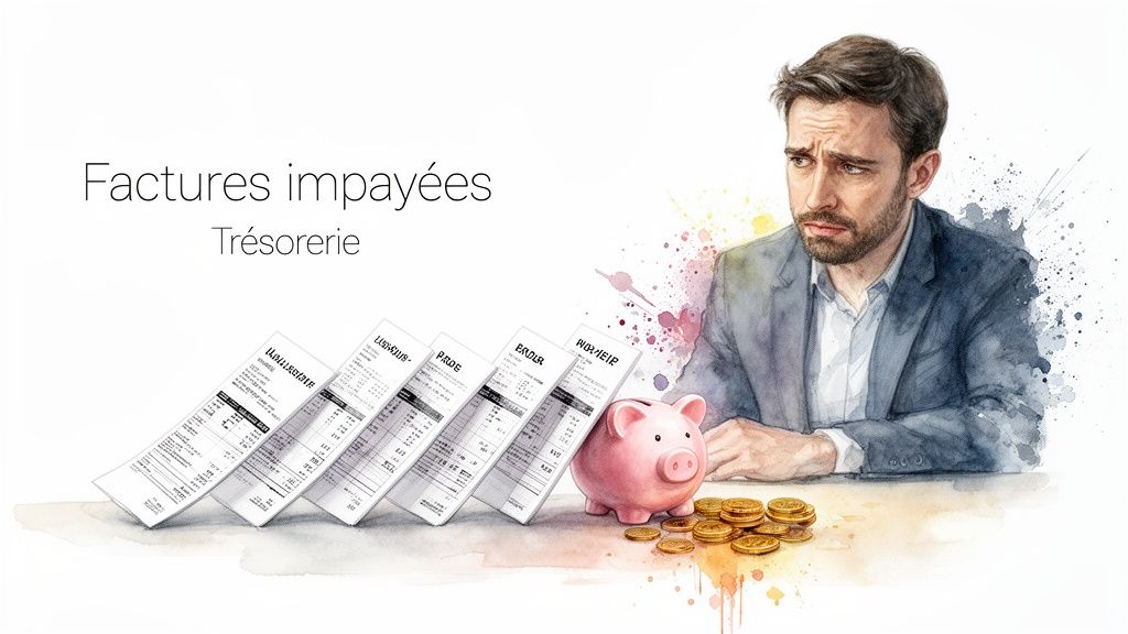 Homme inquiet face à des factures impayées, une tirelire vide et des problèmes de trésorerie.