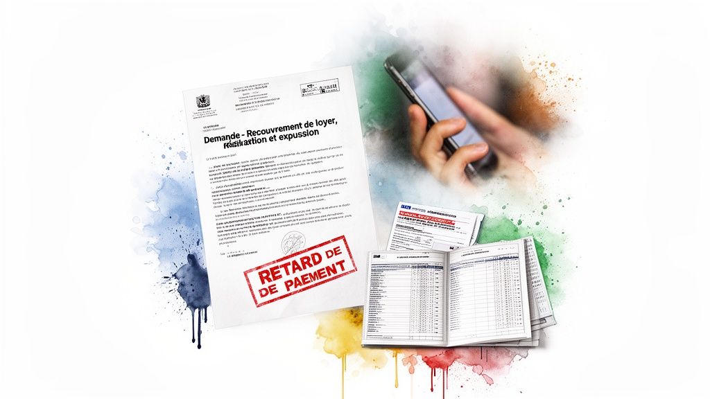 Documents juridiques pour recouvrement de loyer, résiliation, expulsion et retard de paiement, avec smartphone et relevés financiers.