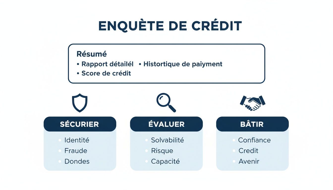 Infographie détaillant le processus d'enquête de crédit avec résumé, sécurisation, évaluation et construction.