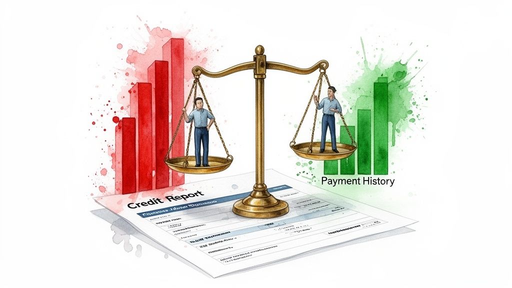 Illustration d'une balance comparant un rapport de crédit et un historique de paiement, avec des barres rouges et vertes.