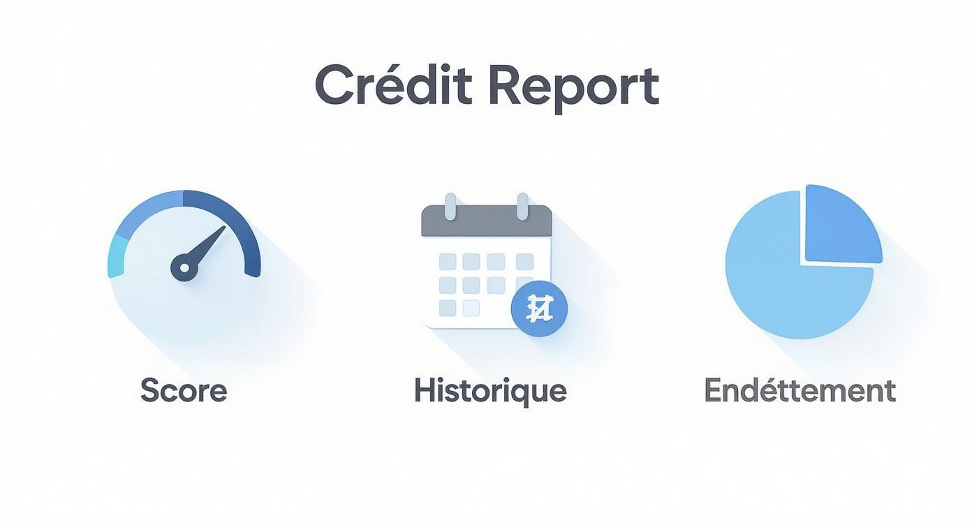 Rapport de crédit visuel affichant les icônes pour le score, l'historique et l'endettement.