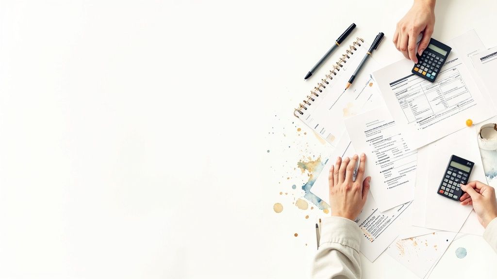 Vue aérienne de mains travaillant sur des documents, calculatrices et stylos pour des calculs financiers.