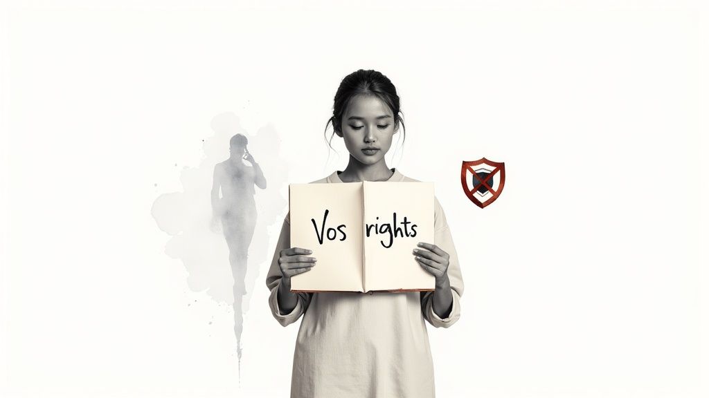 Une personne assise à un bureau, consultant des documents juridiques avec une expression concentrée, symbolisant la compréhension de ses droits.