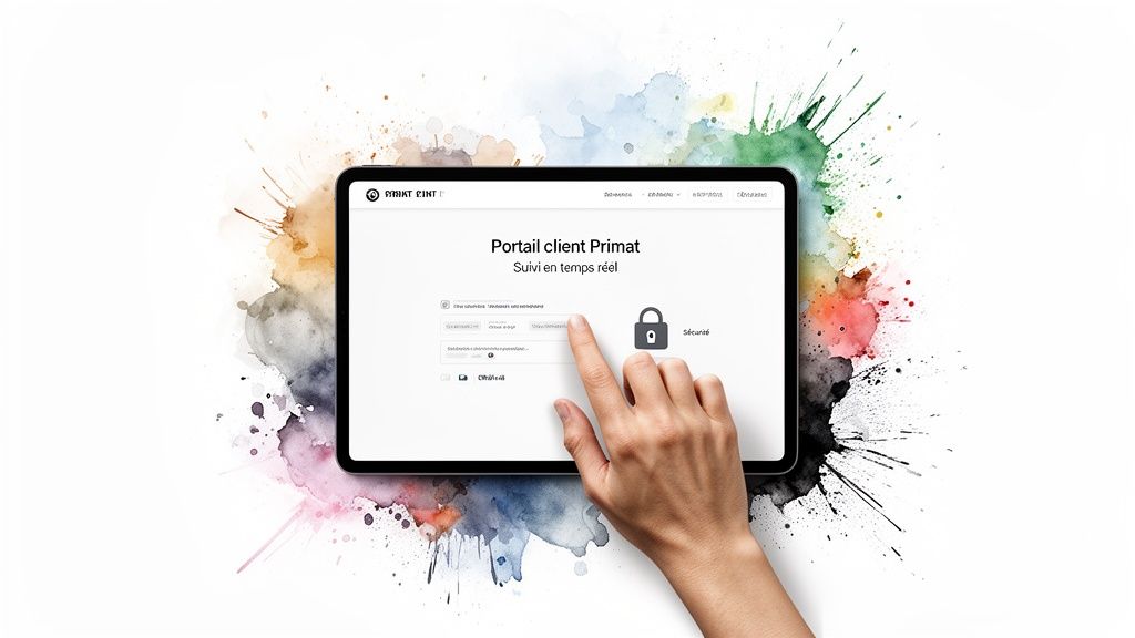Main touchant une tablette affichant le portail client Primate avec un cadenas de sécurité sur fond d'éclaboussures d'aquarelle.