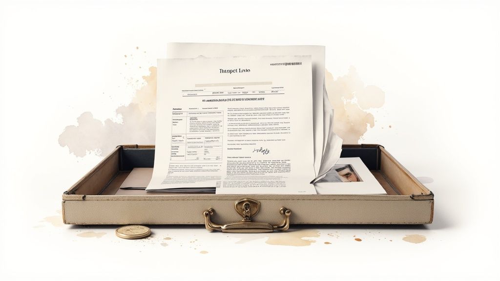 Mallette vintage ouverte contenant des formulaires de demande de location et documents administratifs