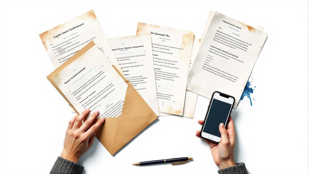 Mains interagissant avec des documents, un smartphone et un stylo, symbolisant la gestion de dossiers administratifs et la numérisation.