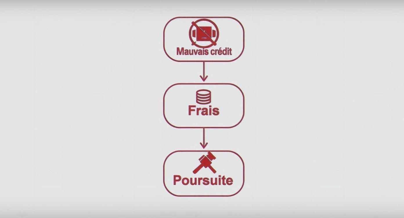 Infographie montrant un arbre de décision sur les conséquences du non-paiement : mauvais crédit, frais supplémentaires et poursuite judiciaire.