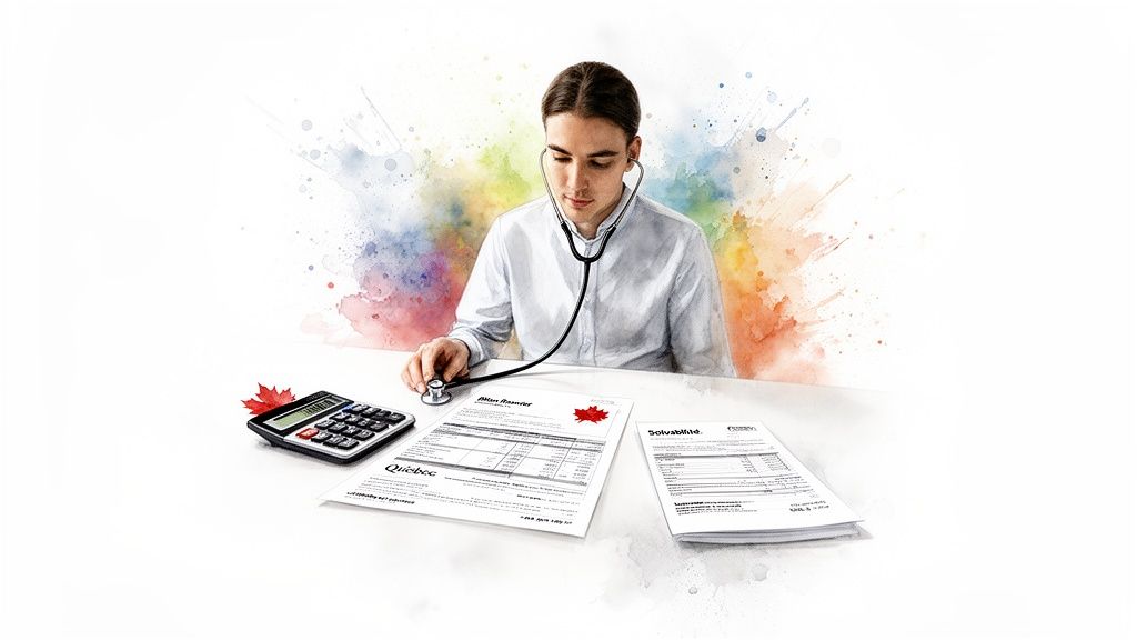 Un jeune homme utilise un stéthoscope pour analyser des documents financiers québécois, avec une calculatrice et une feuille d'érable.