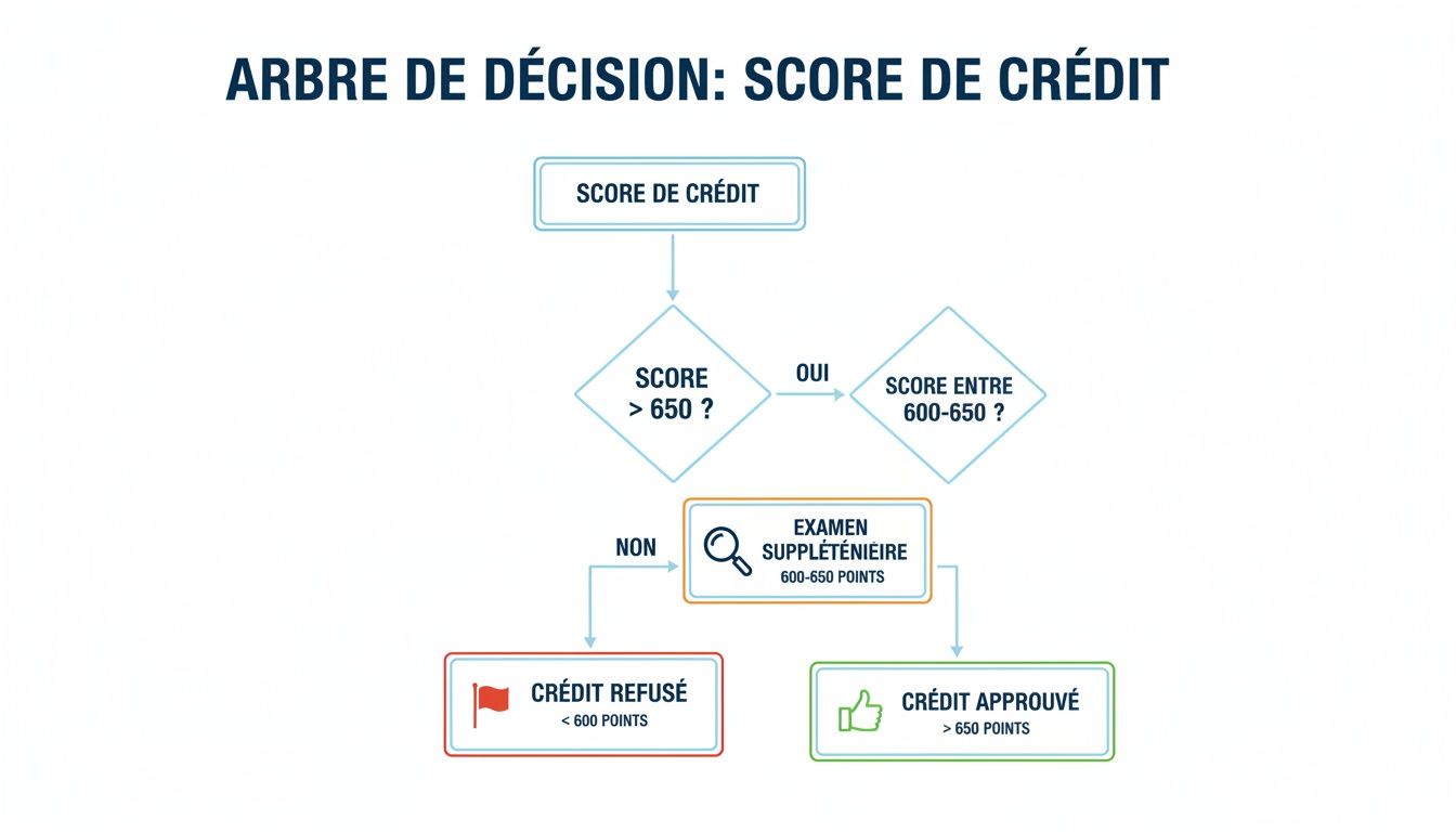 Diagramme de décision expliquant l'approbation ou le refus de crédit en fonction du score de crédit.