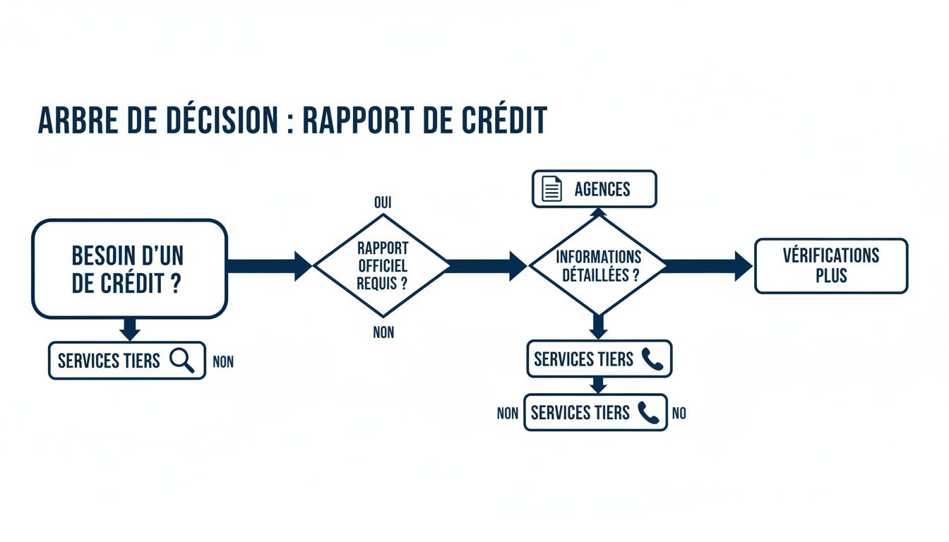 Arbre de décision illustrant le processus d'obtention et de vérification d'un rapport de crédit.