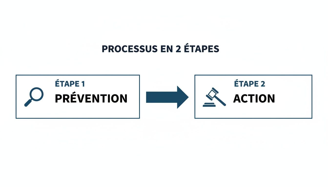 Infographie illustrant un processus en 2 étapes : la prévention symbolisée par une loupe, suivie de l'action avec un marteau de juge.