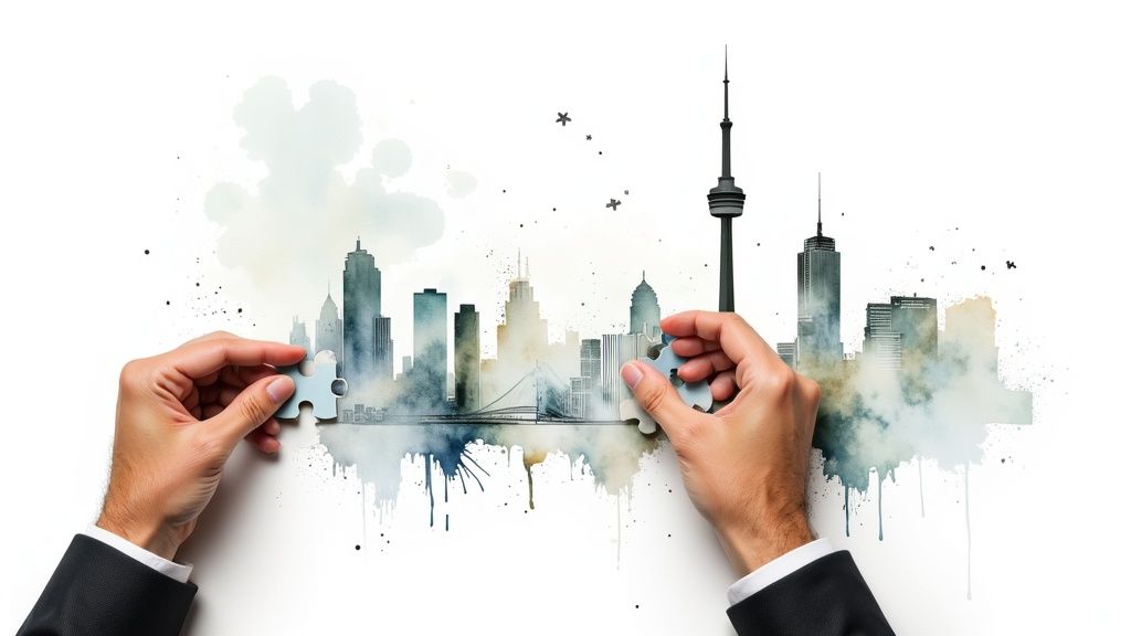 Mains assemblant des pièces de puzzle devant une silhouette urbaine aquarelle symbolisant la collaboration