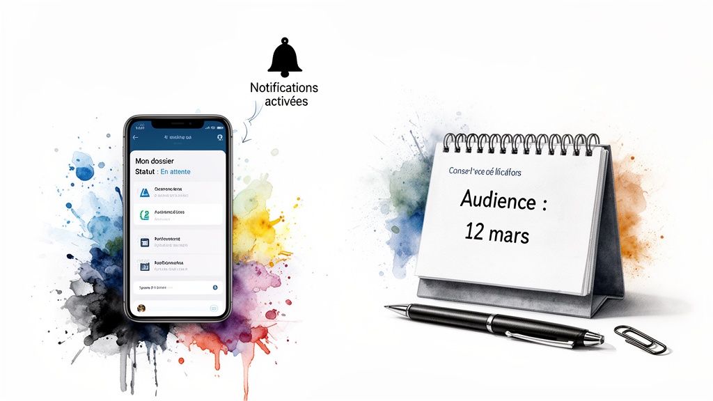 Application mobile affichant le statut d'un dossier avec notifications activées, et un rappel d'audience pour le 12 mars.