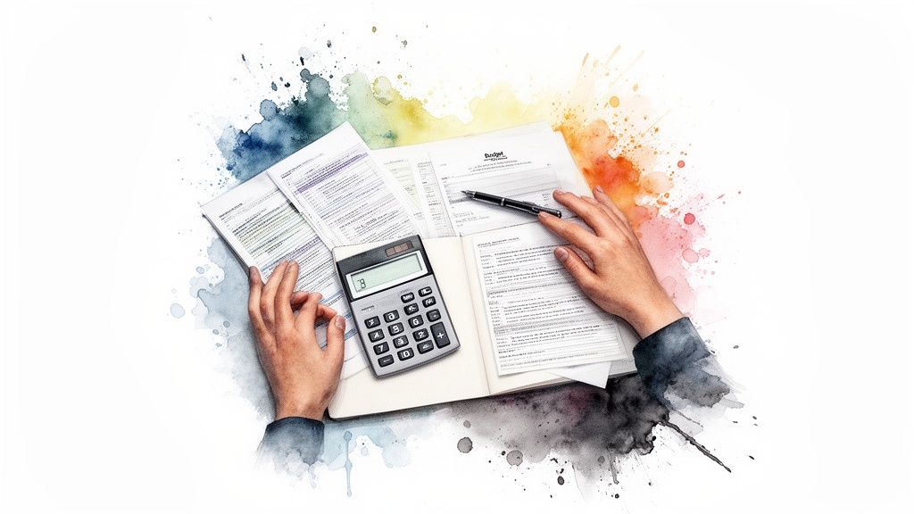 Une personne calcule un budget avec une calculatrice et des documents, entourée d'aquarelle vive.