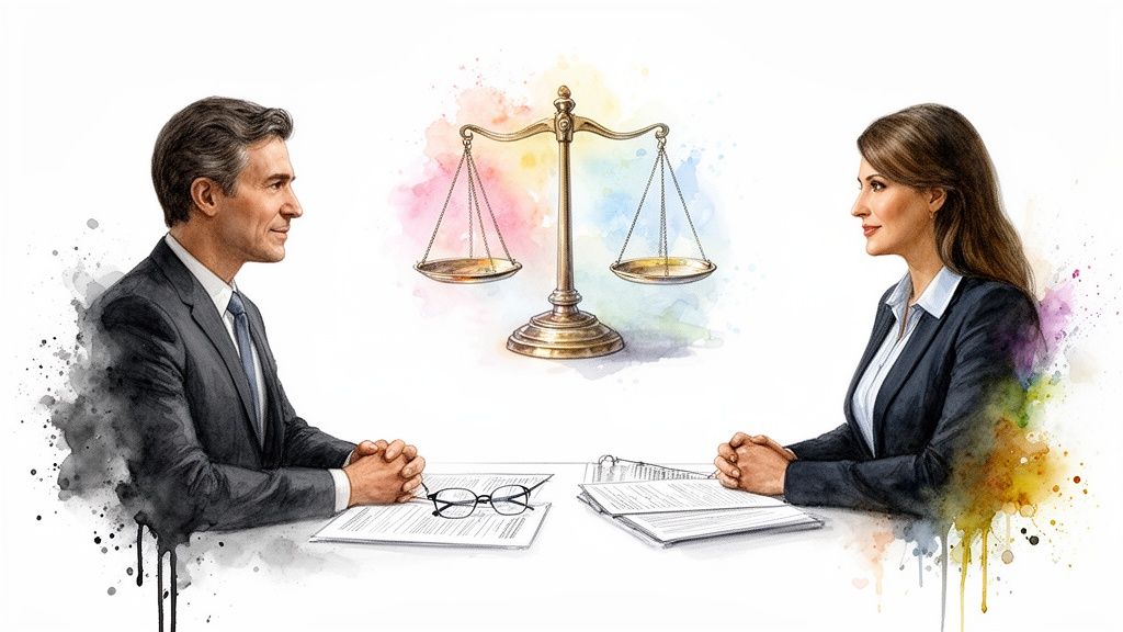 Illustration aquarelle d'un homme et d'une femme en discussion avec une balance de justice.