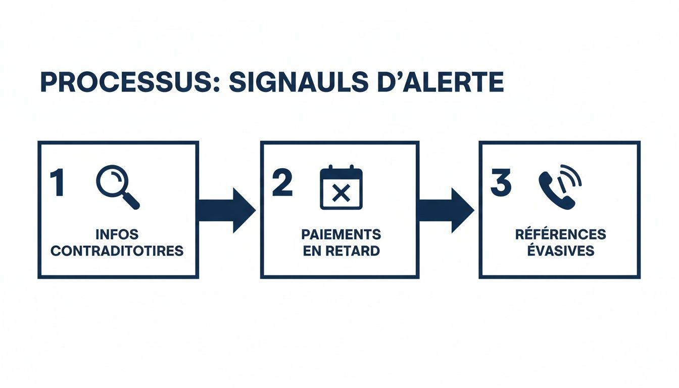 Infographie illustrant un processus en trois étapes sur les signaux d'alerte: informations contradictoires, paiements en retard et références évasives.