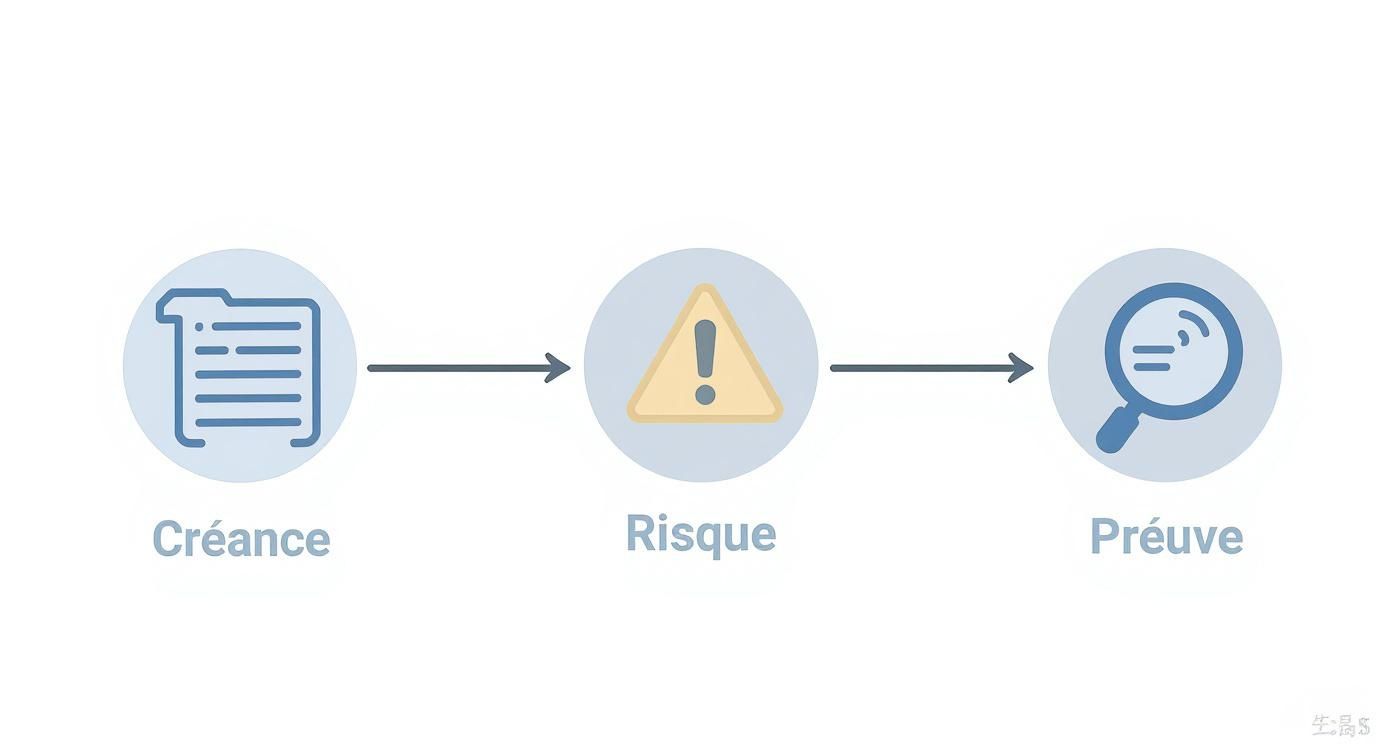 Processus de gestion des risques montrant trois étapes: créance, risque et preuve avec des icônes illustratives