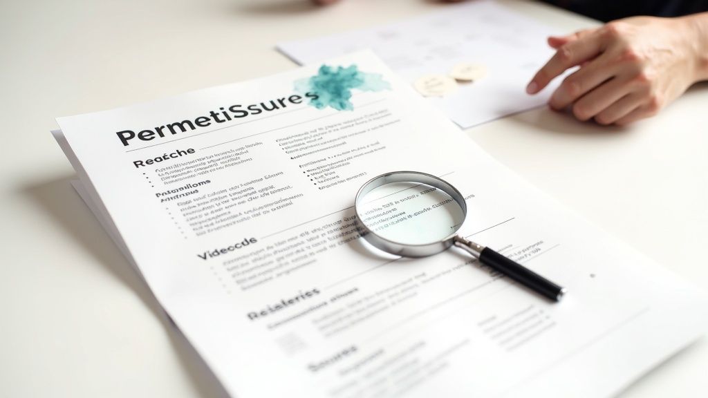 Document intitulé PermetiSsures examiné avec une loupe, suggérant une recherche approfondie de dossier.