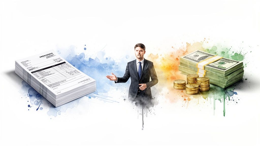 Un homme d'affaires entre une pile de documents et des liasses d'argent, symbolisant la gestion financière.