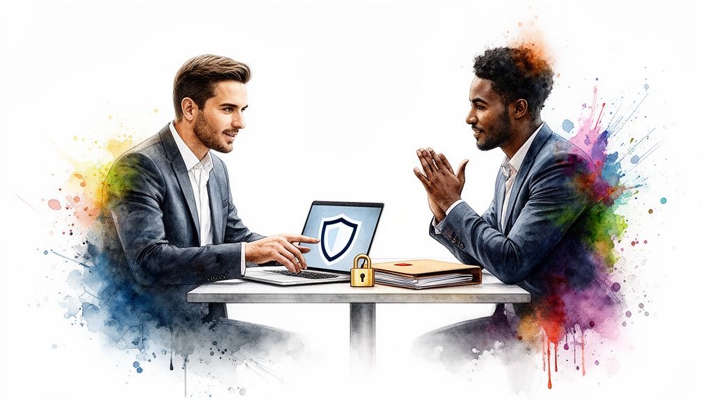Deux hommes d'affaires discutent de cybersécurité devant un ordinateur portable avec un bouclier et un cadenas.