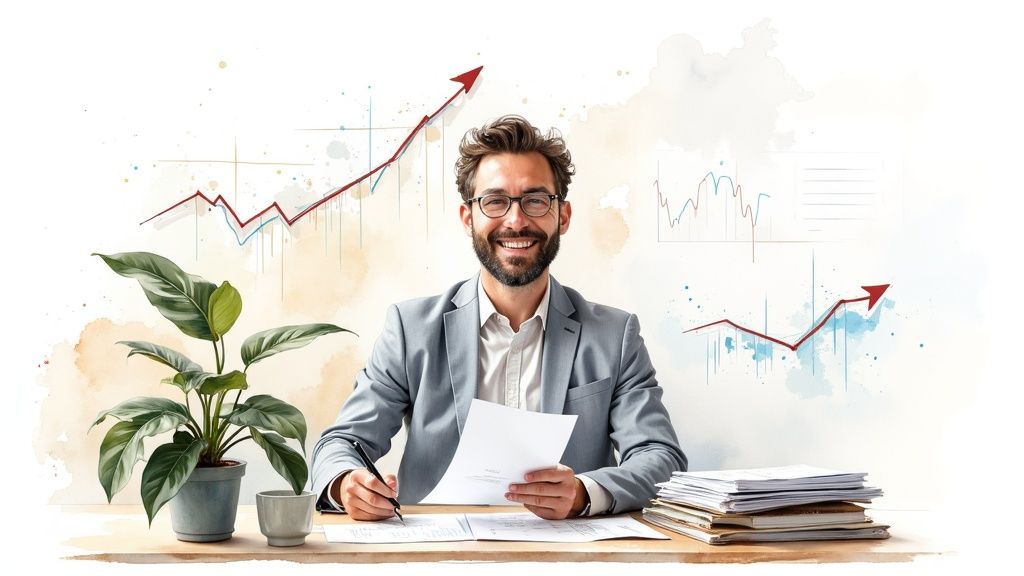 Un homme souriant travaille à son bureau, entouré de graphiques financiers positifs et de documents.