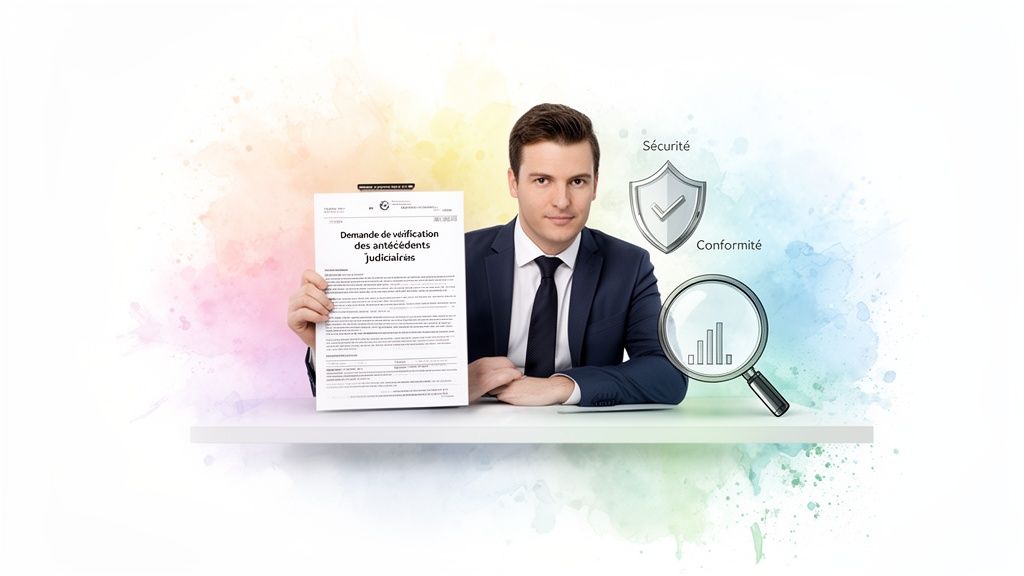 Un homme en costume tient un document de demande de vérification d'antécédents judiciaires, avec des icônes de sécurité et conformité.