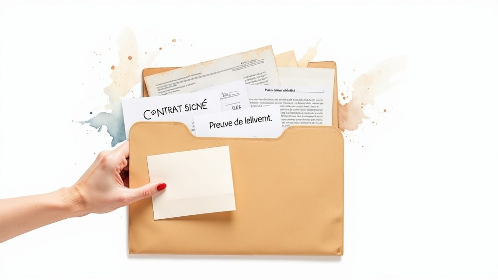 Main insérant une carte dans un dossier de documents. On voit "CONTRAT SIGNÉ" et "Preuve de livraison".