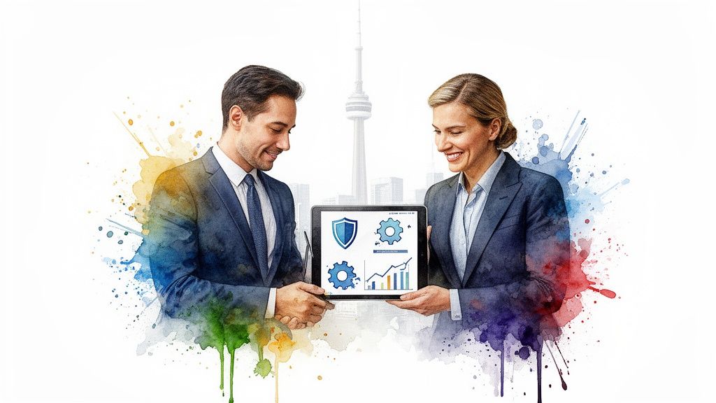 Deux professionnels souriants présentent des données d'entreprise et de sécurité sur une tablette, fond urbain.