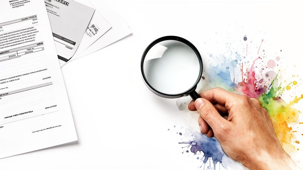 Main tenant une loupe au-dessus d'éclaboussures d'aquarelle colorées et de documents.