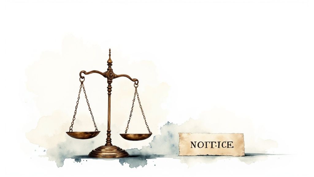 Une balance de justice ancienne et un papier avec le mot 'NOTICE' sur un fond blanc aquarellement estompé.