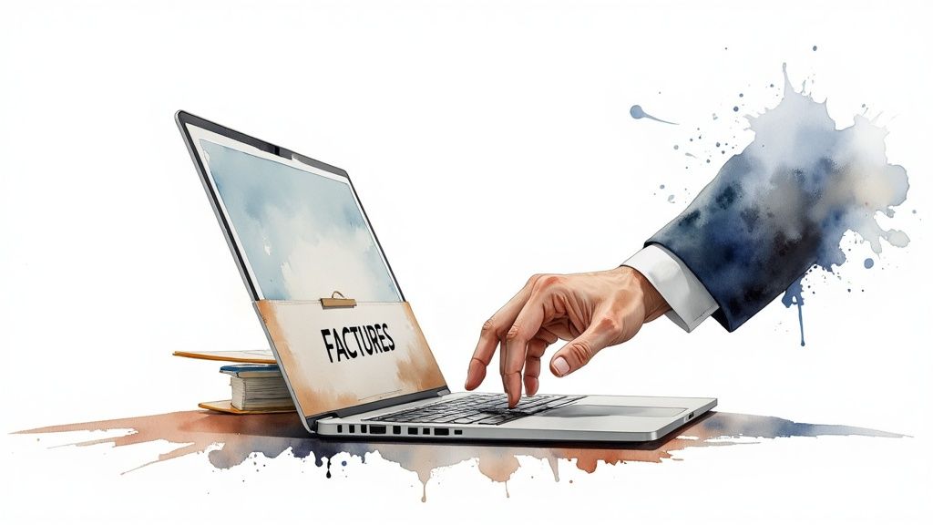 Une main tape sur un ordinateur portable affichant des documents de factures, avec des éclaboussures d'aquarelle.