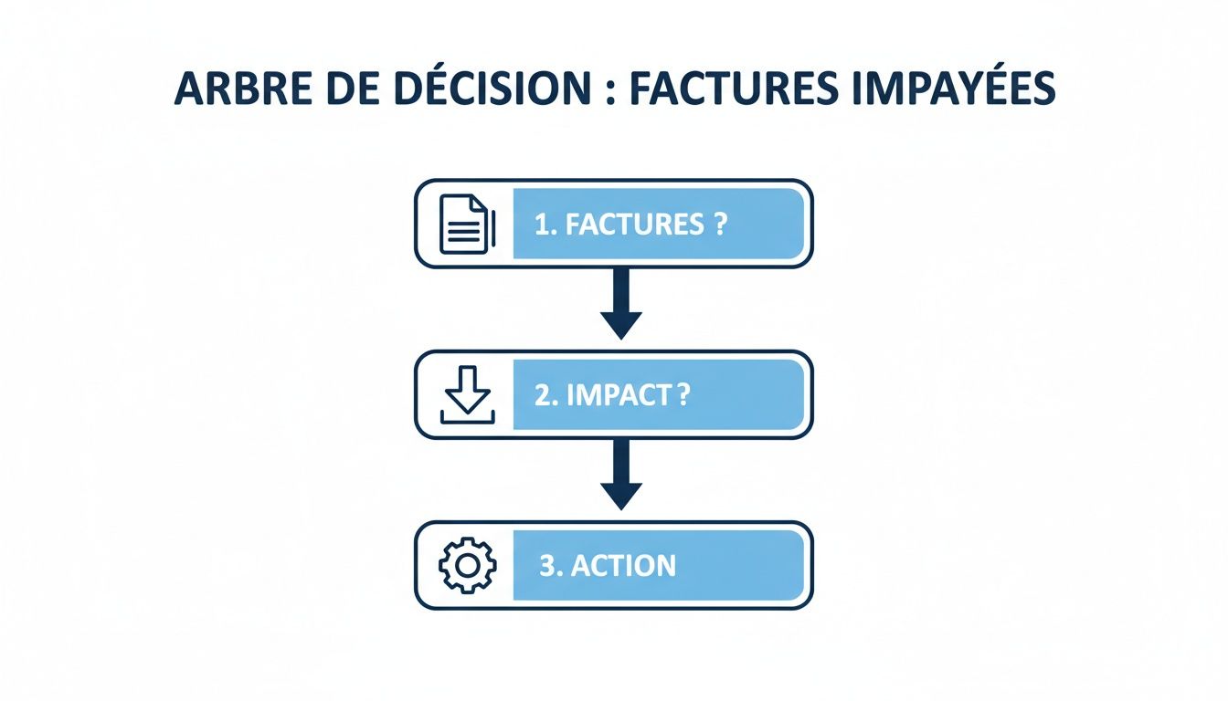Un arbre de décision simple pour gérer les factures impayées, avec les étapes Factures, Impact et Action.