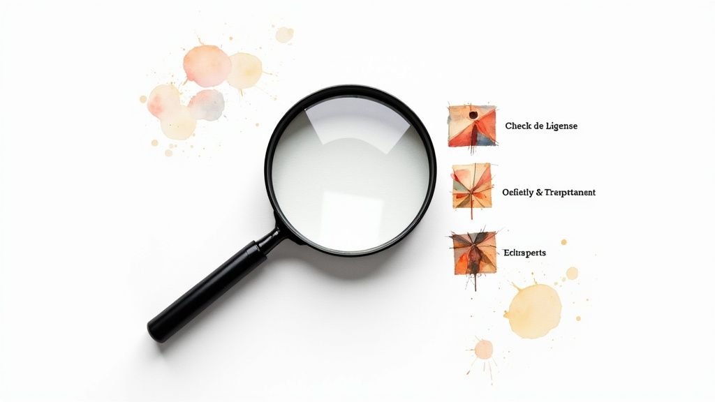 Une personne examine attentivement une liste de contrôle sur une tablette, symbolisant le processus de sélection d'une agence.