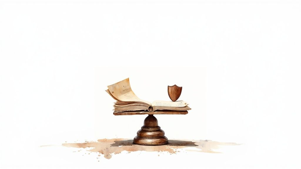 Un livre ancien ouvert avec un bouclier en bois sur un socle, symbolisant le savoir et la protection.