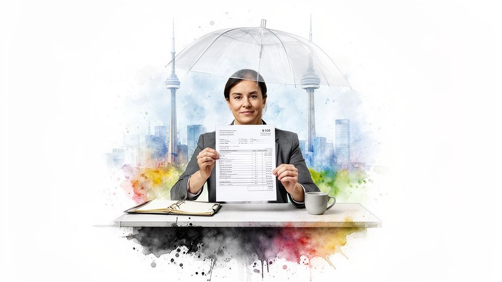 Femme souriante tenant un document financier sous un parapluie, avec la ville de Toronto en arrière-plan aquarelle.