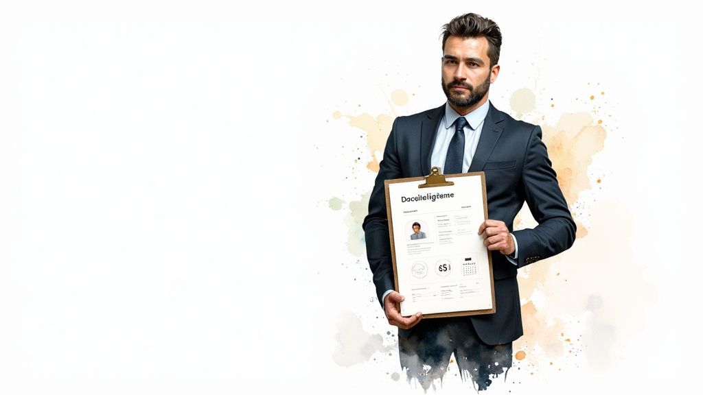 Un homme en costume tient un presse-papiers avec un document d'enquête de crédit locataire sur un fond abstrait.