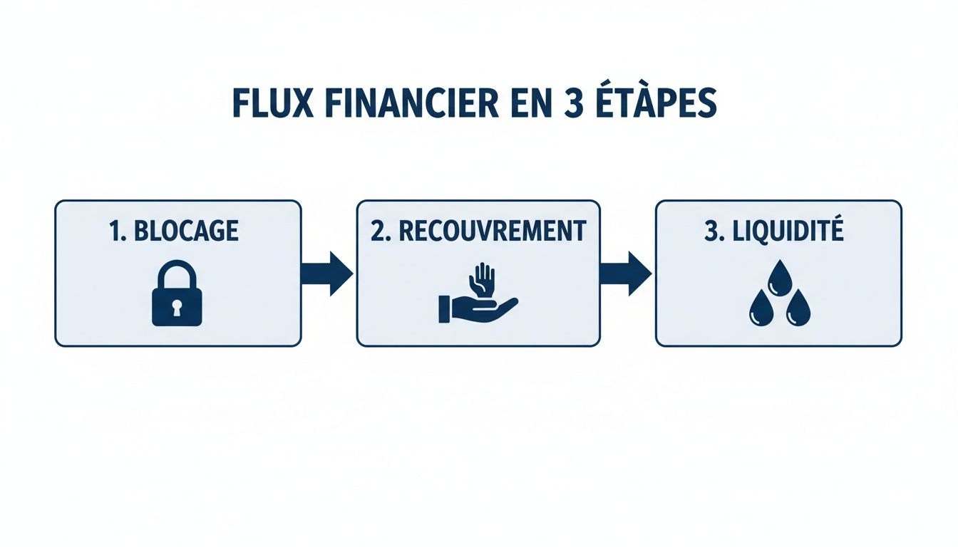 Infographie des 3 étapes du flux financier: blocage, recouvrement et liquidité, avec icônes explicites.
