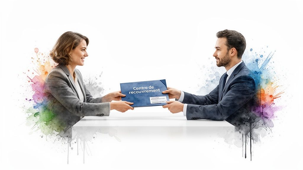 Deux professionnels souriants échangent un dossier bleu marqué "Centre de recouvrement" sur une table blanche, avec des éclaboussures d'aquarelle colorées.