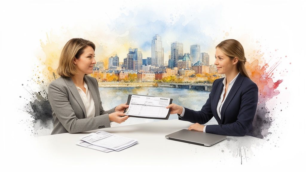 Deux femmes d'affaires échangent des documents sur une table, avec un paysage urbain en arrière-plan.