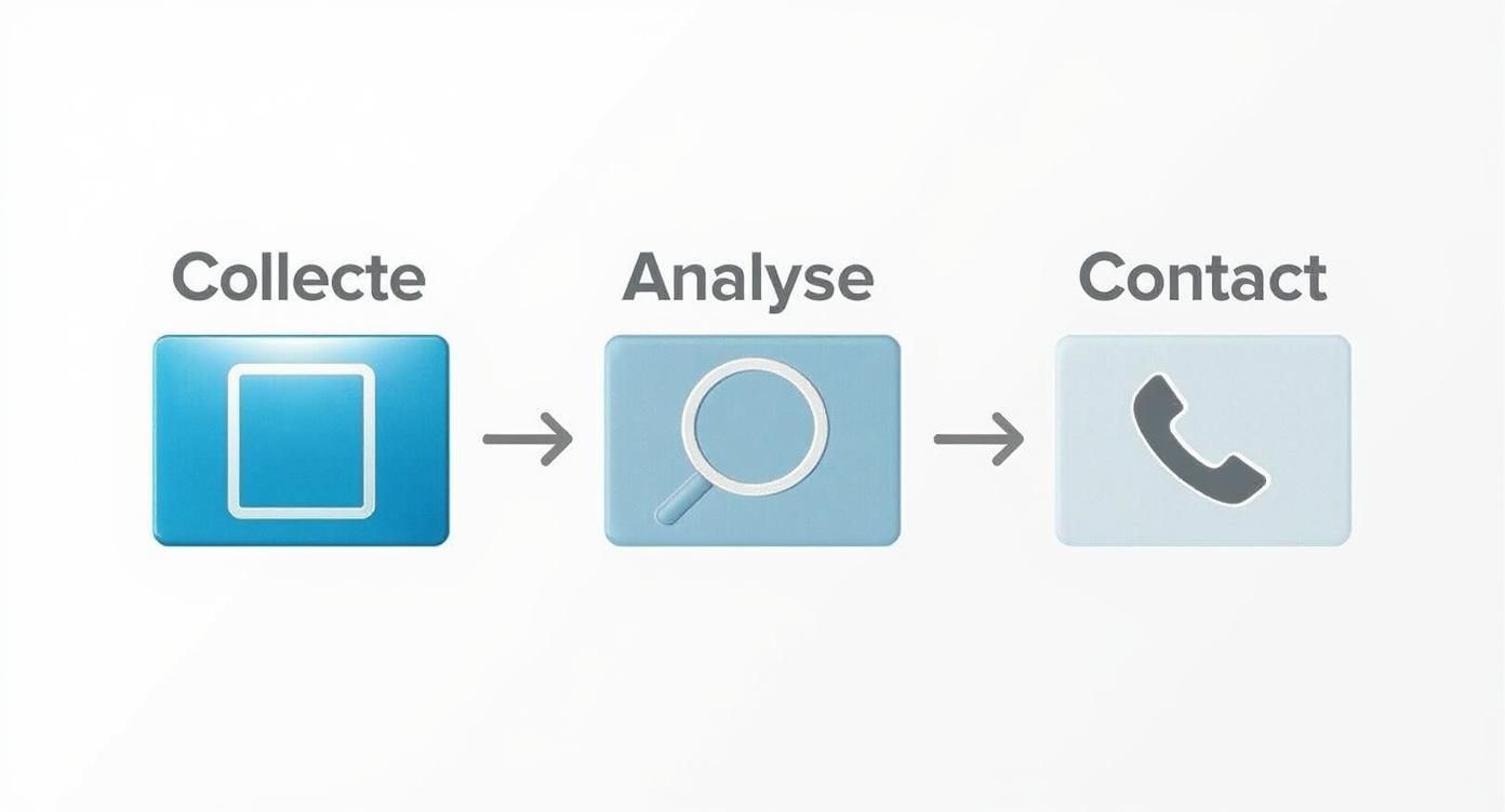 Infographie illustrant le processus de conformité juridique du skip tracing en trois étapes : Collecte, Analyse, et Contact.