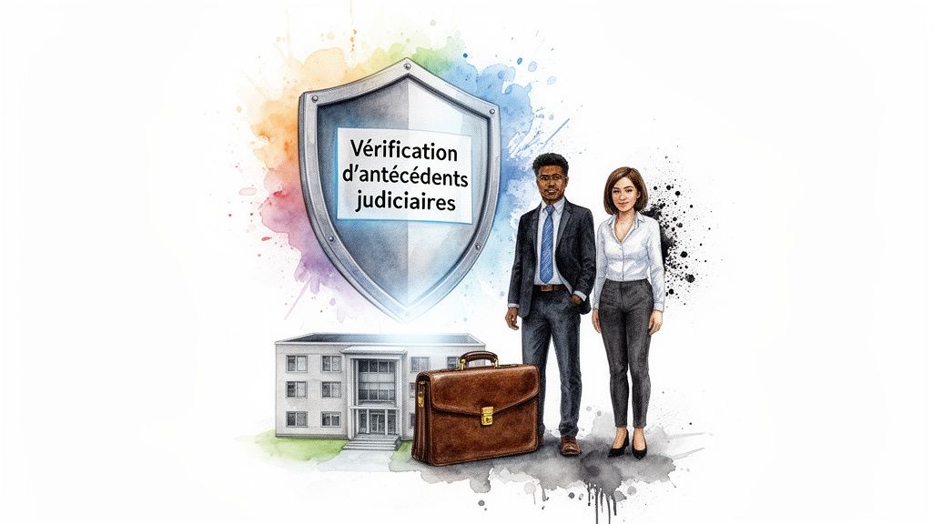 Bouclier de sécurité pour la vérification d'antécédents judiciaires, avec professionnels, bâtiment et mallette.