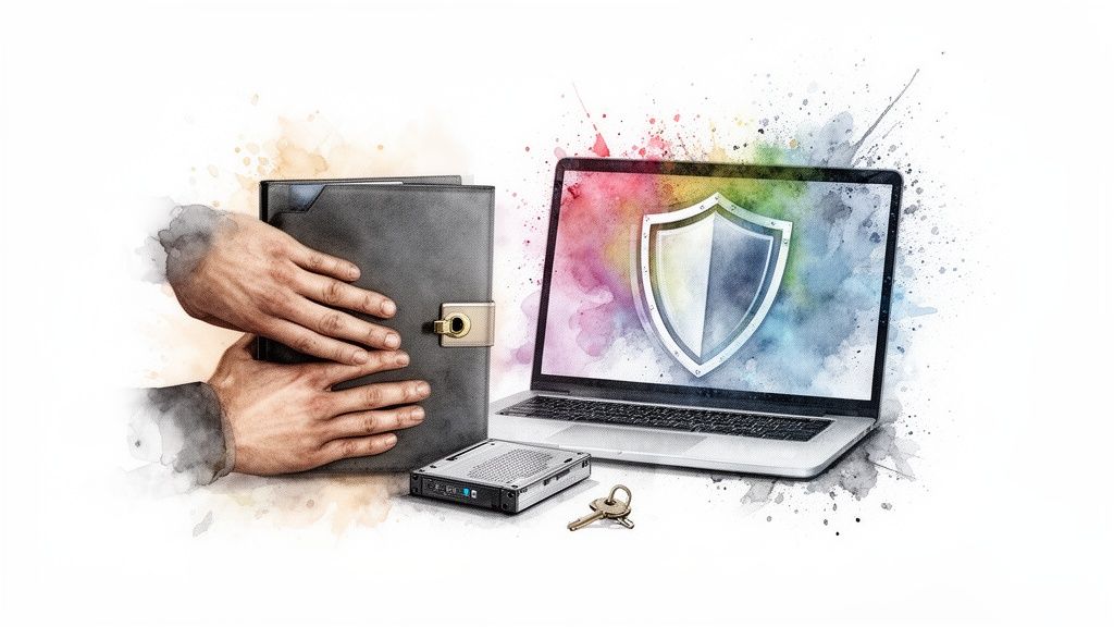 Des mains tiennent un dossier verrouillé, un ordinateur portable affiche un bouclier, symbolisant la sécurité et la protection des données.