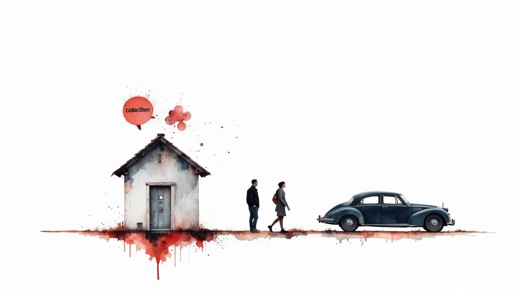 Graphique illustrant la baisse d'un pointage de crédit, avec des flèches descendantes.