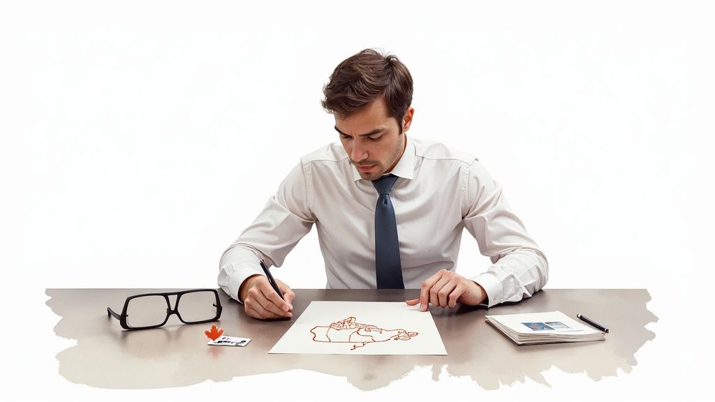 Une loupe posée sur une carte de l'Ontario, symbolisant la recherche et l'enquête dans la province