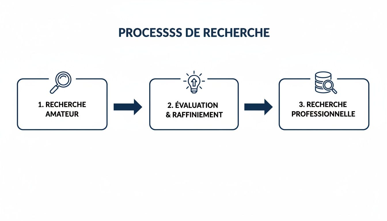 Un processus de recherche en trois étapes: recherche amateur, évaluation et raffinement, puis recherche professionnelle.