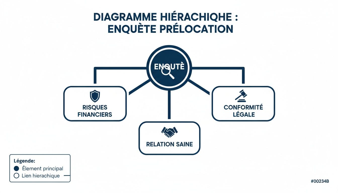 Diagramme hiérarchique sur l'enquête de prélocation, détaillant les risques financiers, la conformité légale et une relation saine.