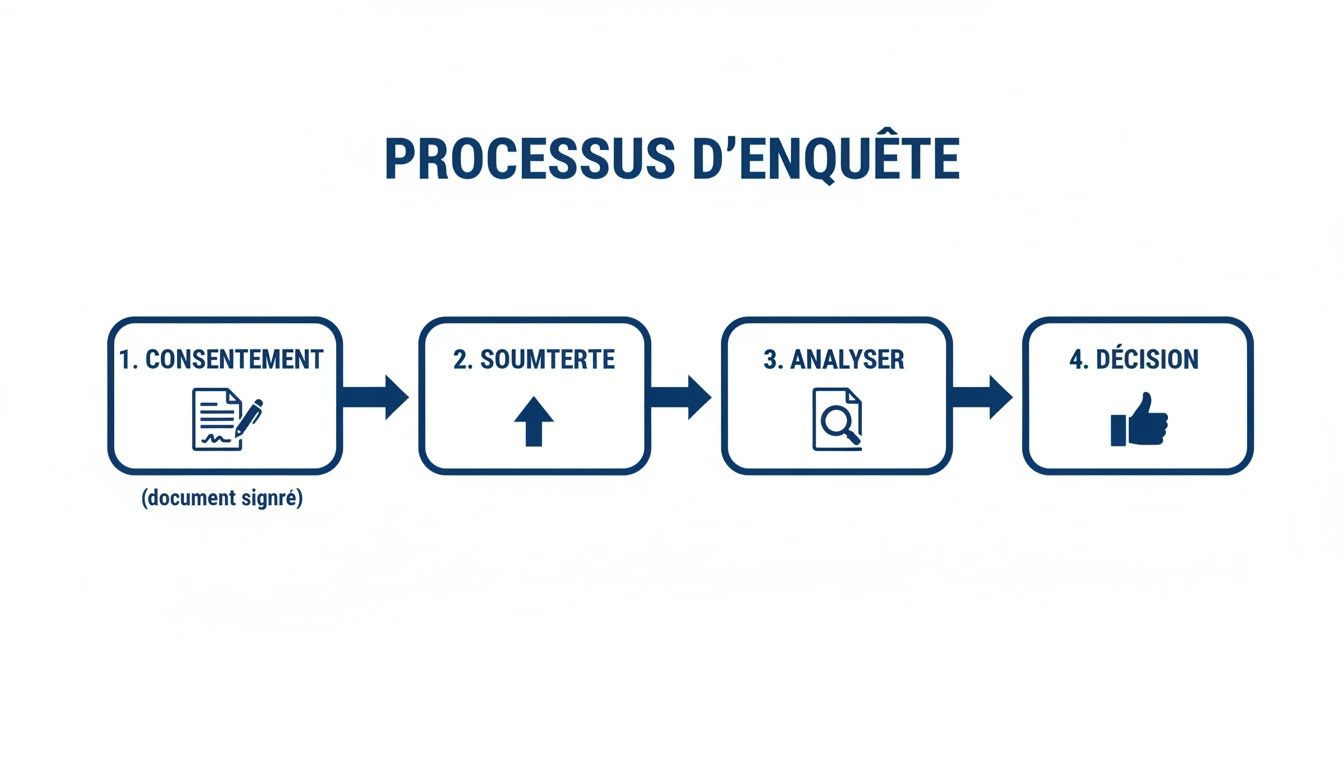 Un schéma visuel du processus d'enquête en 4 étapes: consentement, soumission, analyse et décision.