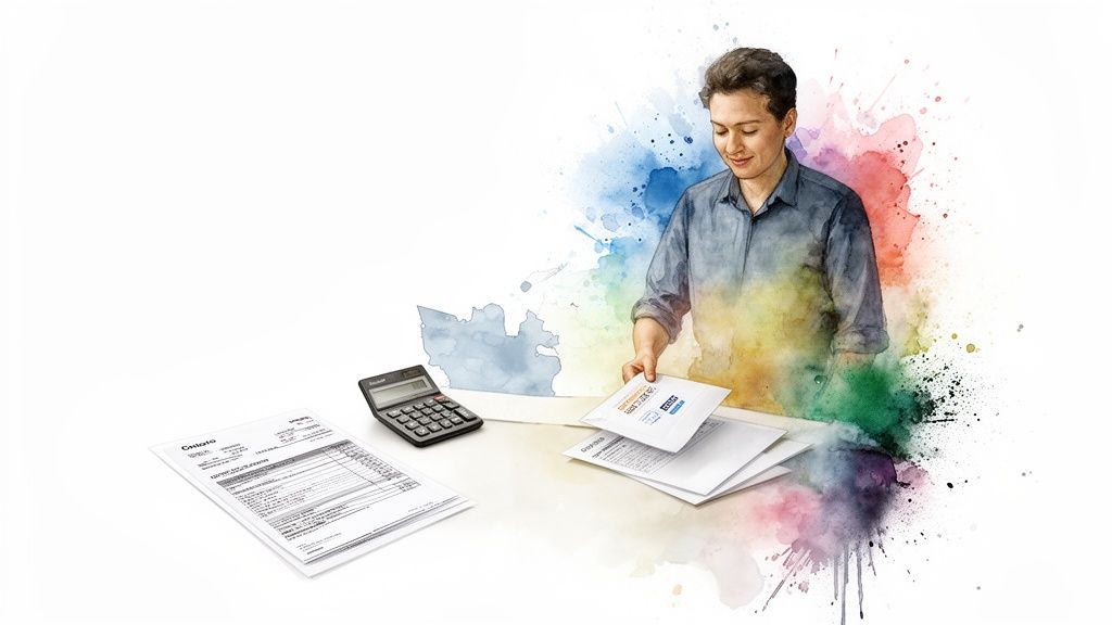 Un homme consulte des documents sur un bureau avec une calculatrice, dans un style aquarelle coloré.